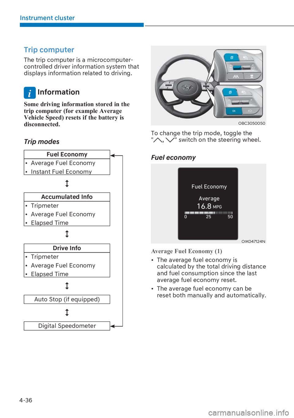 HYUNDAI I20 2023  Owners Manual 4-36
Instrument cluster
Trip computer
The trip computer is a microcomputer-
controlled driver information system that 
displays information related to driving.
i Information
�6�R�P�H��G�U�L�Y�L�Q�J�