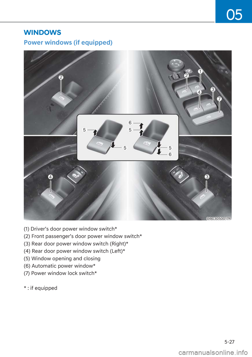 HYUNDAI I20 2023  Owners Manual 5-27
05
WINDOWS
�3�R�Z�H�U��Z�L�Q�G�R�Z�V���L�I��H�T�X�L�S�S�H�G�
OBC3050017R
������U�L�Y�H�UT�V��G�R�R�U��S�R�Z�H�U��Z�L�Q�G�R�Z��V�Z�L�W�F�K�
������)�U�R�Q�W��S�D�V�V�H�Q�J�H�U