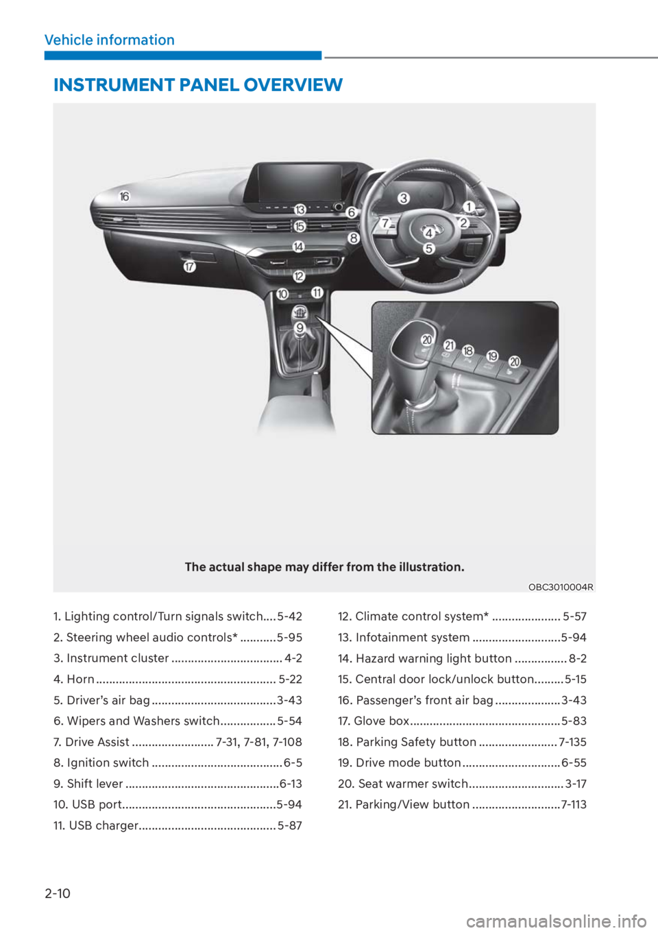 HYUNDAI I20 2023 Owners Manual 2-10
Vehicle information
INSTRUMENT PANEL OVERVIEW
1. Lighting control/Turn signals switch .... 5-42
2. Steering wheel audio controls* ........... 5-95
3. Instrument cluster .......................... HYUNDAI I20 2023 Owners Manual 2-10
Vehicle information
INSTRUMENT PANEL OVERVIEW
1. Lighting control/Turn signals switch .... 5-42
2. Steering wheel audio controls* ........... 5-95
3. Instrument cluster ..........................