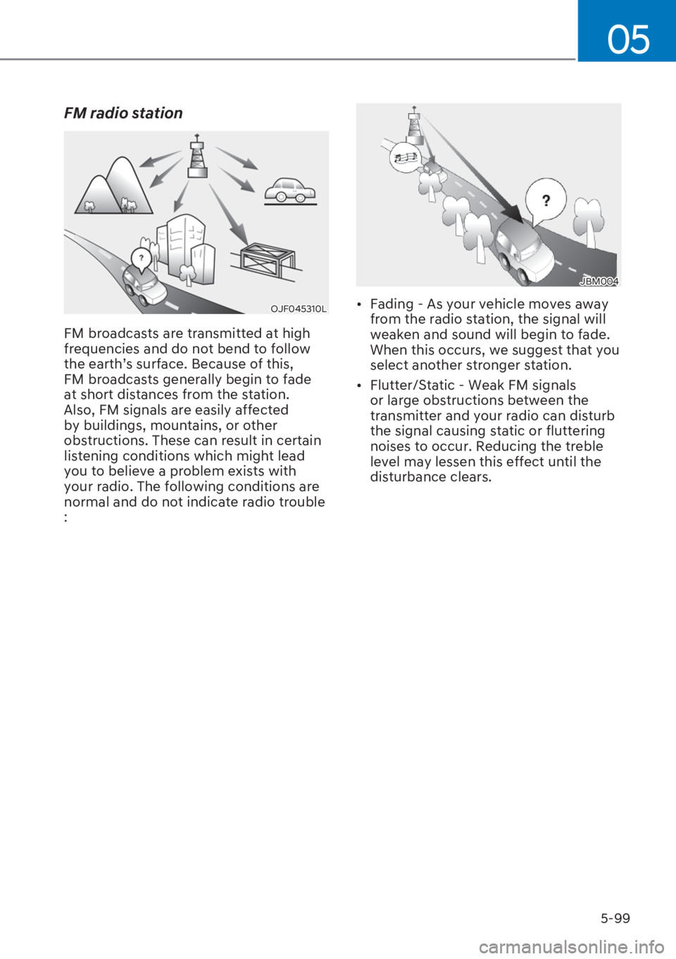 HYUNDAI I20 2023  Owners Manual 5-99
05
FM radio station
OJF045310L
FM broadcasts are transmitted at high 
frequencies and do not bend to follow 
the earth’s surface. Because of this, 
FM broadcasts generally begin to fade 
at sho