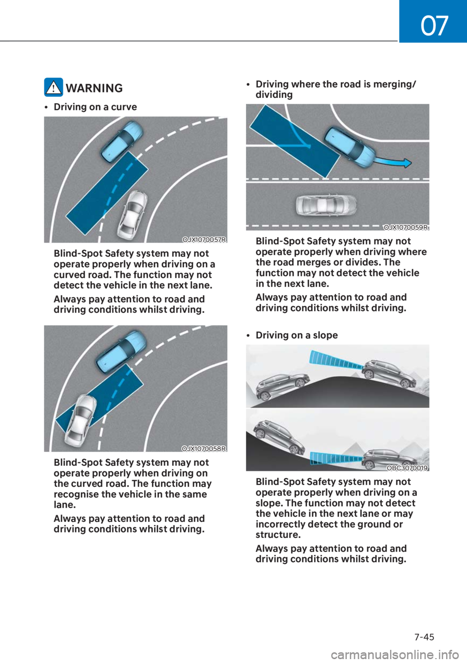 HYUNDAI I20 2023  Owners Manual 07
7-45
 WARNING
[�Driving on a curve
OJX1070057R
  Blind-Spot Safety system may not 
operate properly when driving on a 
curved road. The function may not 
detect the vehicle in the next lane. 
  A