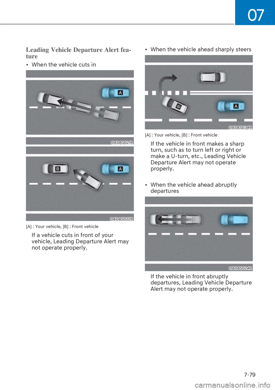 HYUNDAI I20 2023  Owners Manual 07
7-79
Leading Vehicle Departure Alert fea-
ture
[�When the vehicle cuts in
OADAS021R
OADAS022R
[A] : Your vehicle, [B] : Front vehicle
  If a vehicle cuts in front of your 
vehicle, Leading Depart