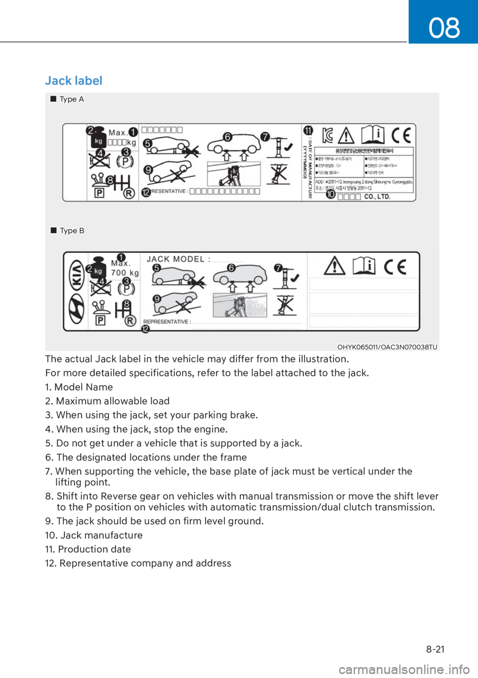 HYUNDAI I20 2023  Owners Manual 8-21
08
Jack label
OHYK065011/OAC3N070038TU
��„Type A
�
�„Type  B    
The actual Jack label in the vehicle may differ from the illustration. 
For more detailed specifications, refer to the label