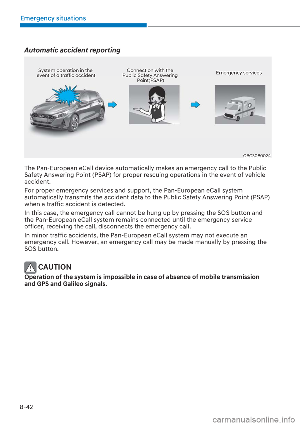 HYUNDAI I20 2023  Owners Manual 8-42
Emergency situations
Automatic accident reporting
OBC3080024
System operation in the  event of a traffic accidentConnection with the  Public Safety Answering  Point(PSAP)
Emergency services
The P