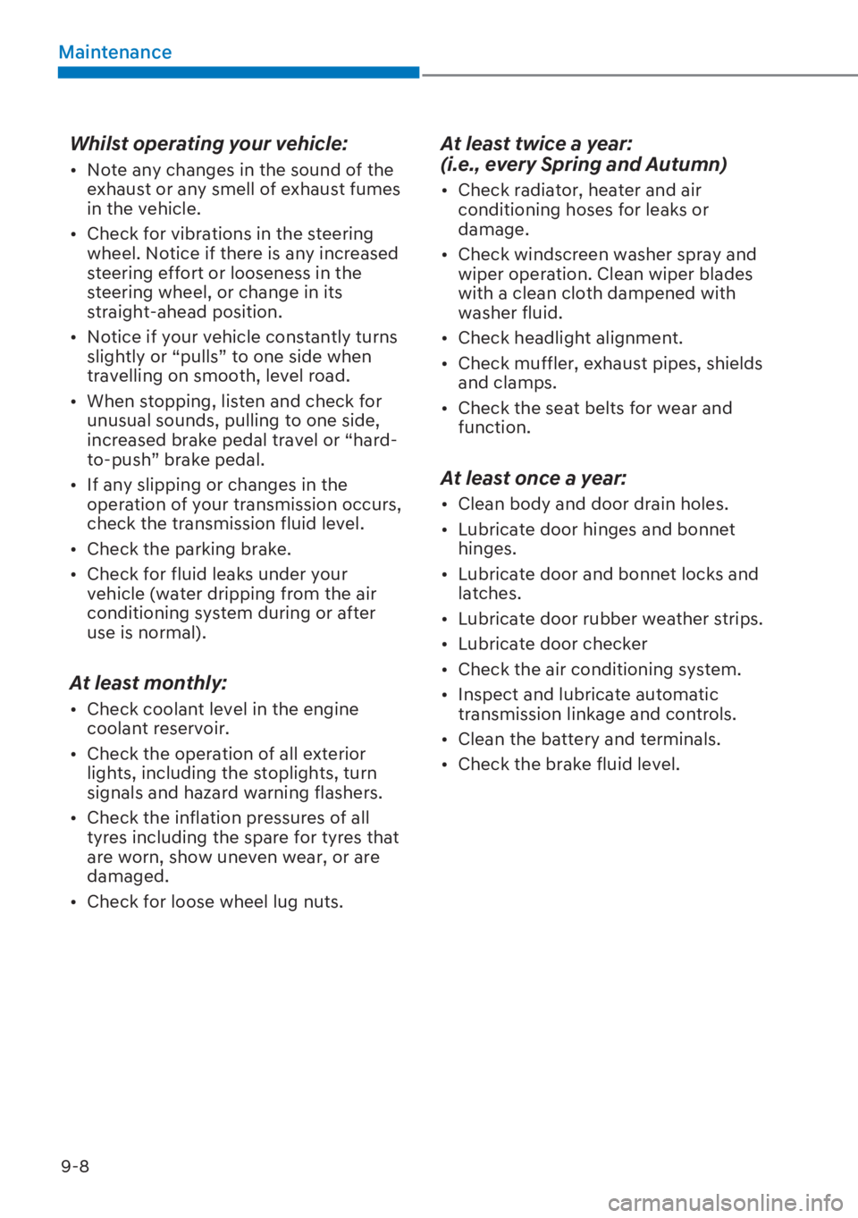 HYUNDAI I20 2023  Owners Manual 9-8
Maintenance
Whilst operating your vehicle:
[�Note any changes in the sound of the 
exhaust or any smell of exhaust fumes 
in the vehicle.
[�Check for vibrations in the steering 
wheel. Notice 