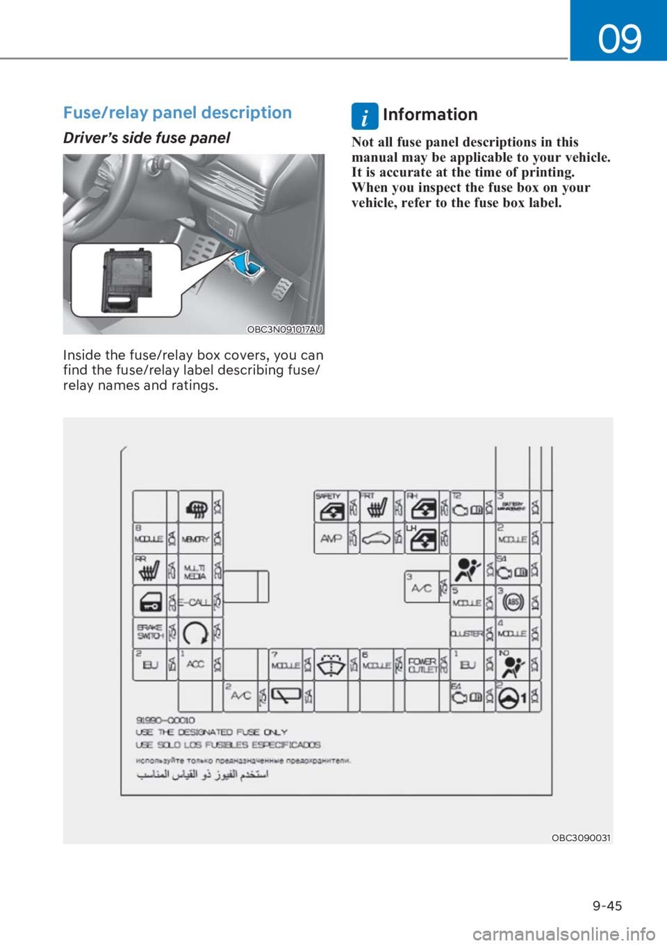 HYUNDAI I20 2023  Owners Manual 9-45
09
Fuse/relay panel description
Driver’s side fuse panel
OBC3N091017AU
Inside the fuse/relay box covers, you can 
find the fuse/relay label describing fuse/
relay names and ratings. 
i Informat