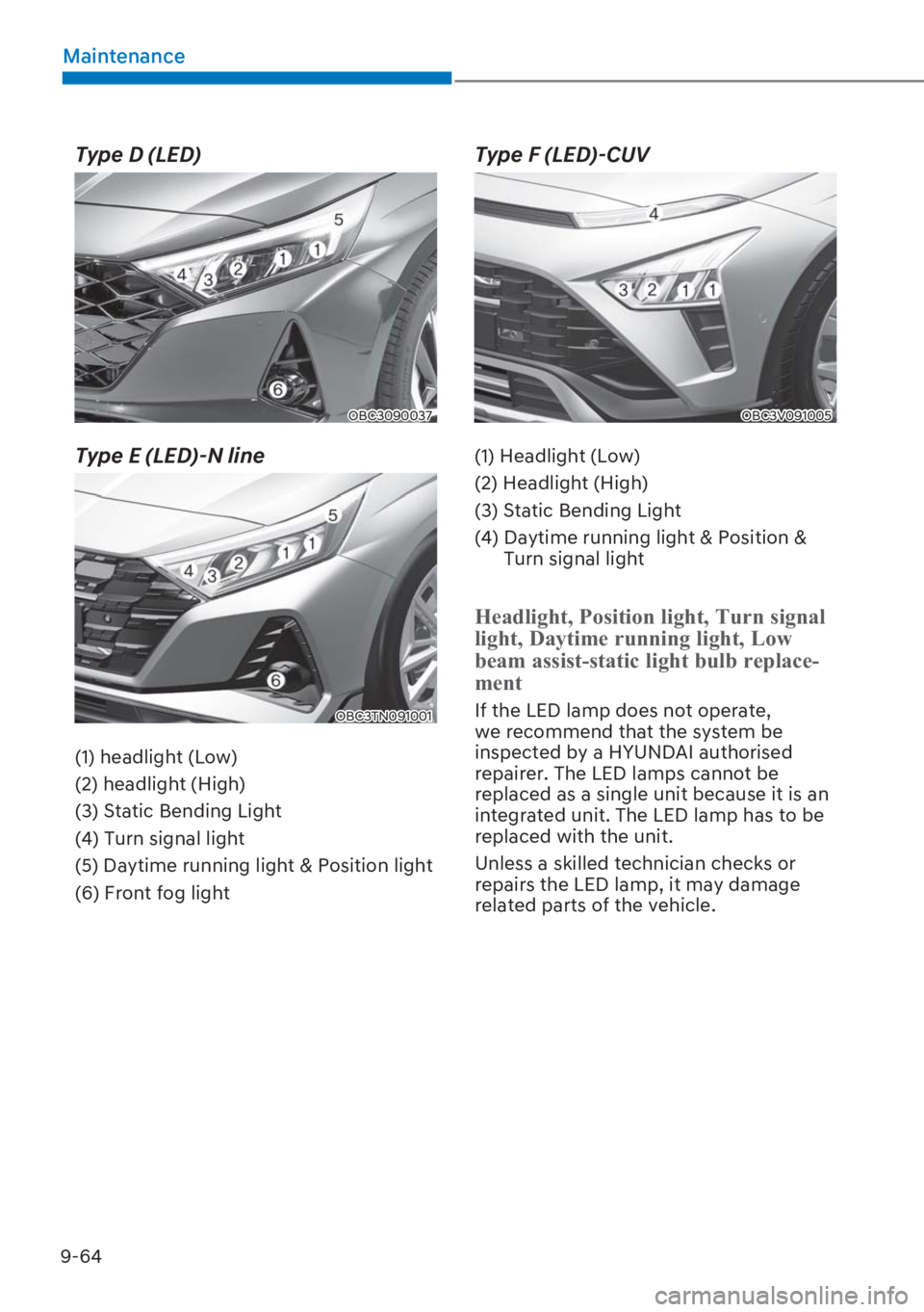 HYUNDAI I20 2023  Owners Manual 9-64
Maintenance
Type D (LED)
OBC3090037
Type E (LED)-N line
OBC3TN091001
(1) headlight (Low)
(2) headlight (High)
(3) Static Bending Light
(4) Turn signal light
(5) Daytime running light & Position l