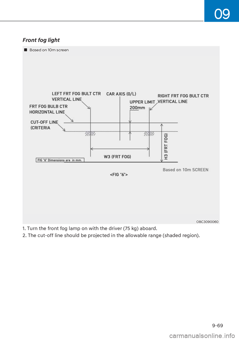 HYUNDAI I20 2023  Owners Manual 9-69
09
Front fog light
OBC3090060
��„ Based on 10m screen
1. Turn the front fog lamp on with the driver (75 kg) aboard.
2. The cut-off line should be projected in the allowable range (shaded regio