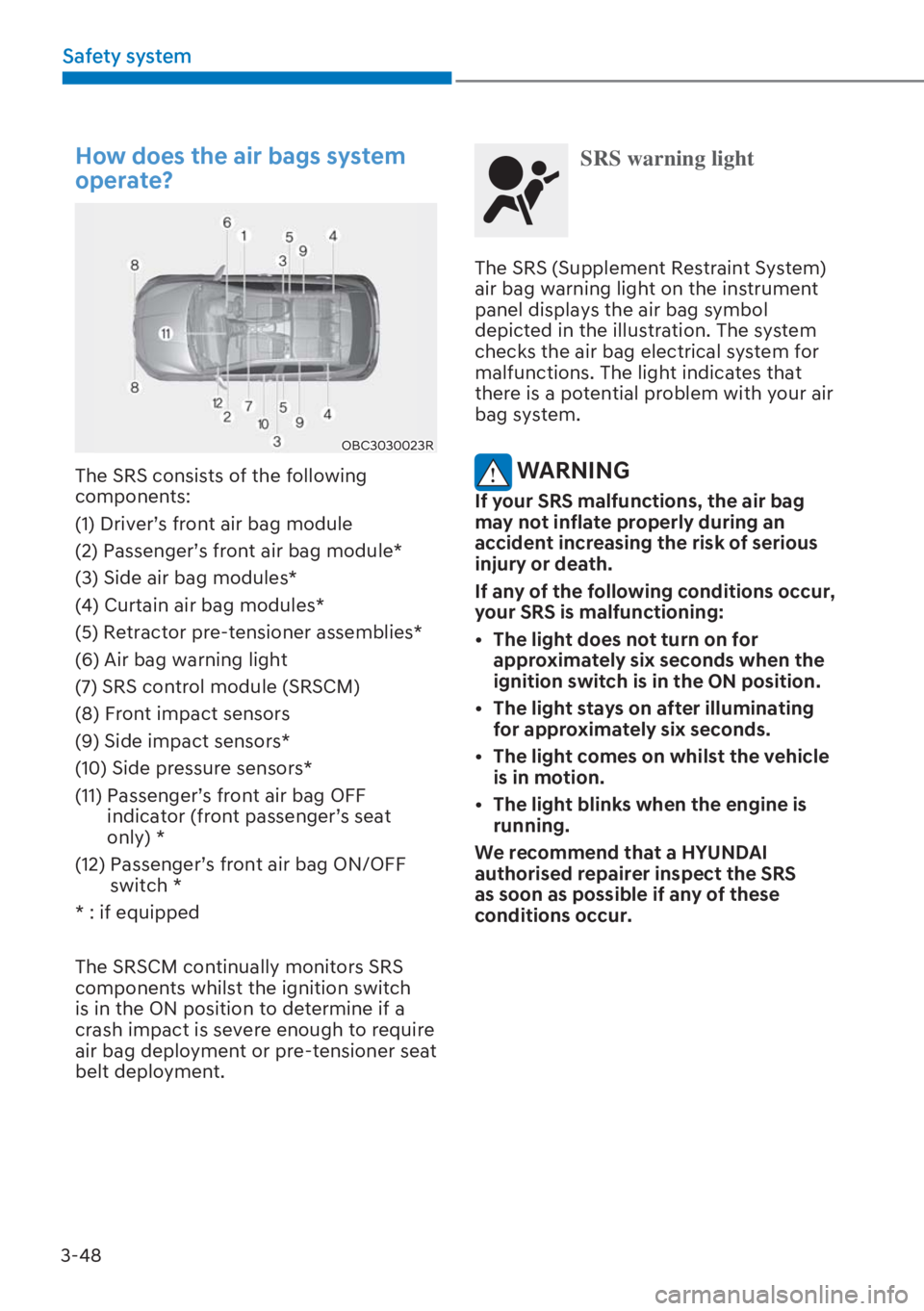 HYUNDAI I20 2023  Owners Manual 3-48
Safety system
How does the air bags system 
operate? 
OBC3030023R
The SRS consists of the following 
components:
(1) Driver’s front air bag module
(2) Passenger’s front air bag module*
(3) Si