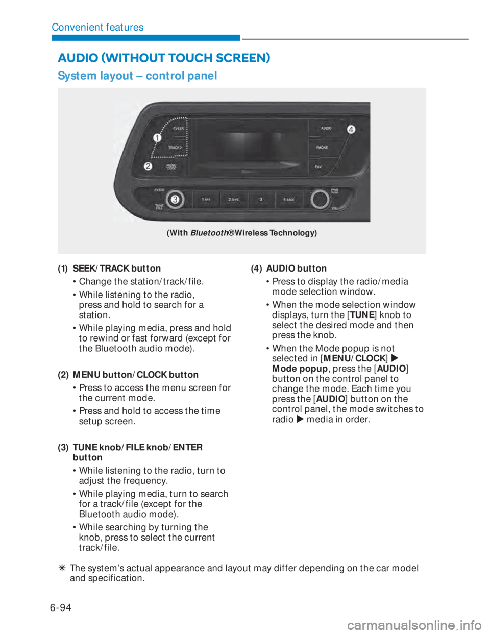 HYUNDAI I20 2022  Owners Manual 6-94
Convenient features
System layout – control panel
(With Bluetooth® Wireless Technology)
�$�8��,�2�