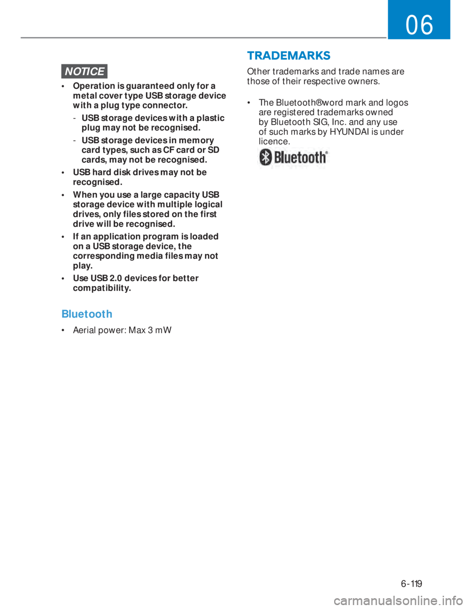 HYUNDAI I20 2022 Owners Manual 6-119
06
NOTICE
•  Operation is guaranteed only for a 
metal cover type USB storage device 
with a plug type connector.
  -USB storage devices with a plastic 
plug may not be recognised.
  -USB stor