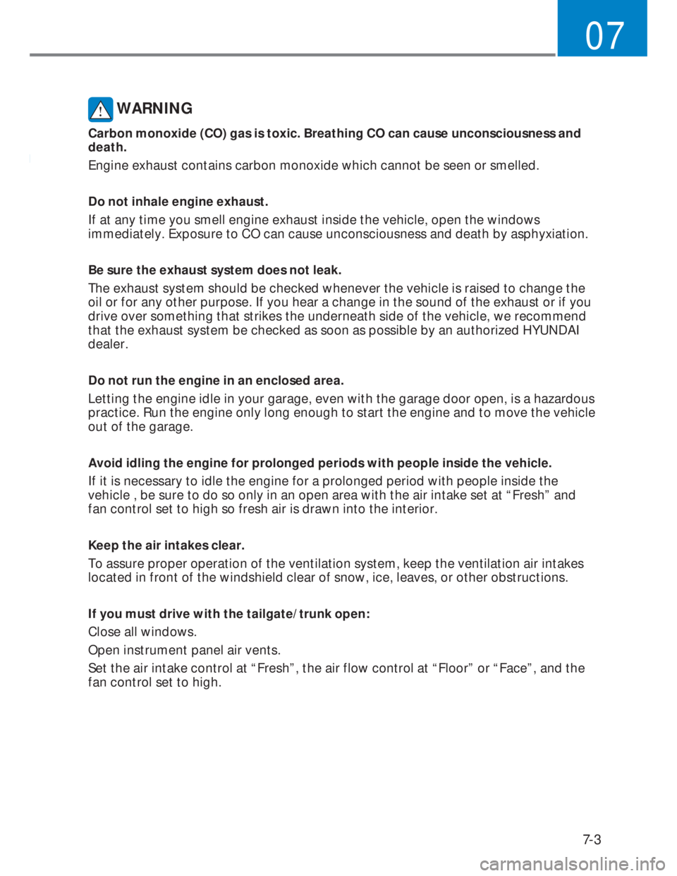 HYUNDAI I20 2022  Owners Manual 7-3
07
 WARNING
Carbon monoxide (CO) gas is toxic. Breathing CO can cause unconsciousness and 
death.
Engine exhaust contains carbon monoxide which cannot be seen or smelled.
Do not inhale engine exha