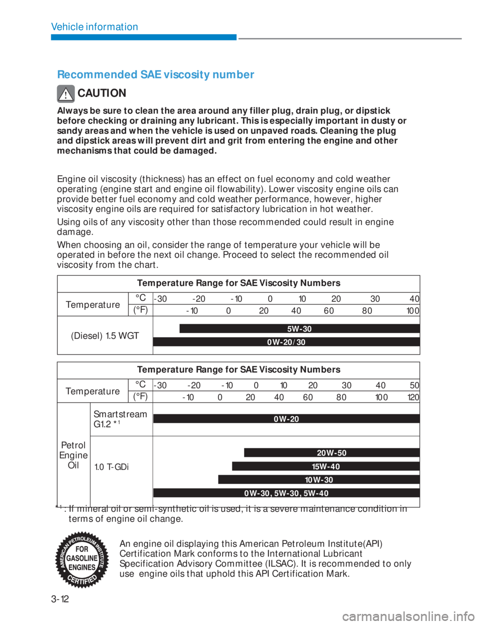 HYUNDAI I20 2022  Owners Manual 3-12
Vehicle information
Engine oil viscosity (thickness) has an effect on fuel economy and cold weather 
operating (engine start and engine oil flowability). Lower viscosity engine oils can 
provide 