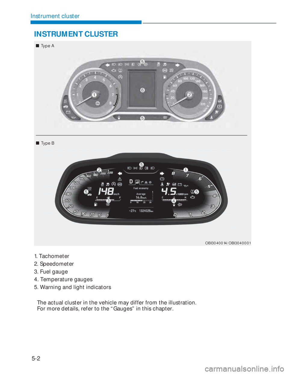 HYUNDAI I20 2022  Owners Manual 5-2
Instrument cluster
INSTRUMENT CLUSTER
1. Tachometer
2. Speedometer
3. Fuel gauge
4. Temperature gauges
5. Warning and light indicators
  The actual cluster in the vehicle may differ from the illu