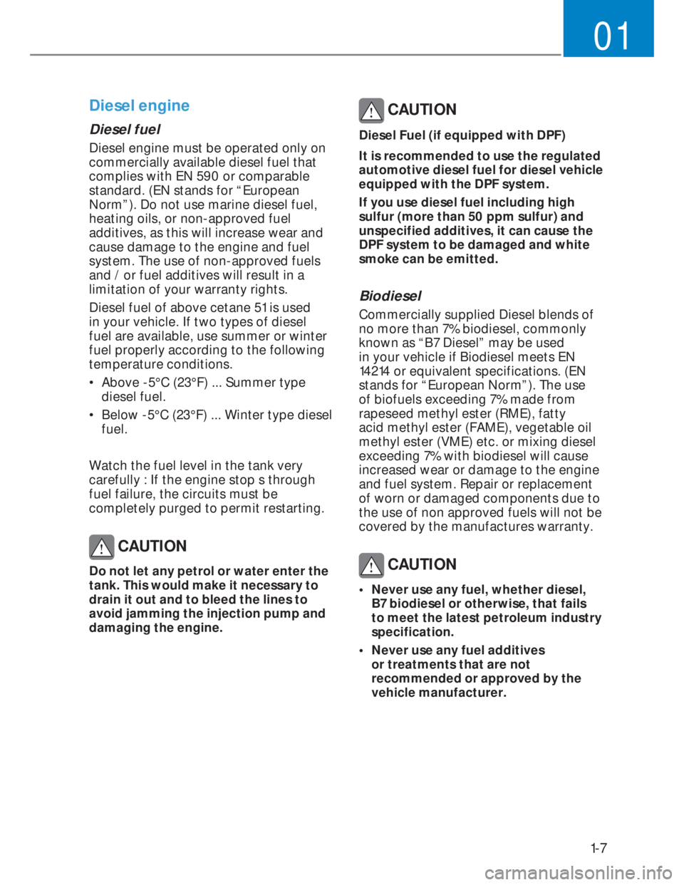 HYUNDAI I20 2021  Owners Manual 1-7
01
Diesel engine
Diesel fuel
Diesel engine must be operated only on 
commercially available diesel fuel that 
complies with EN 590 or comparable 
standard. (EN stands for “European 
Norm”). Do