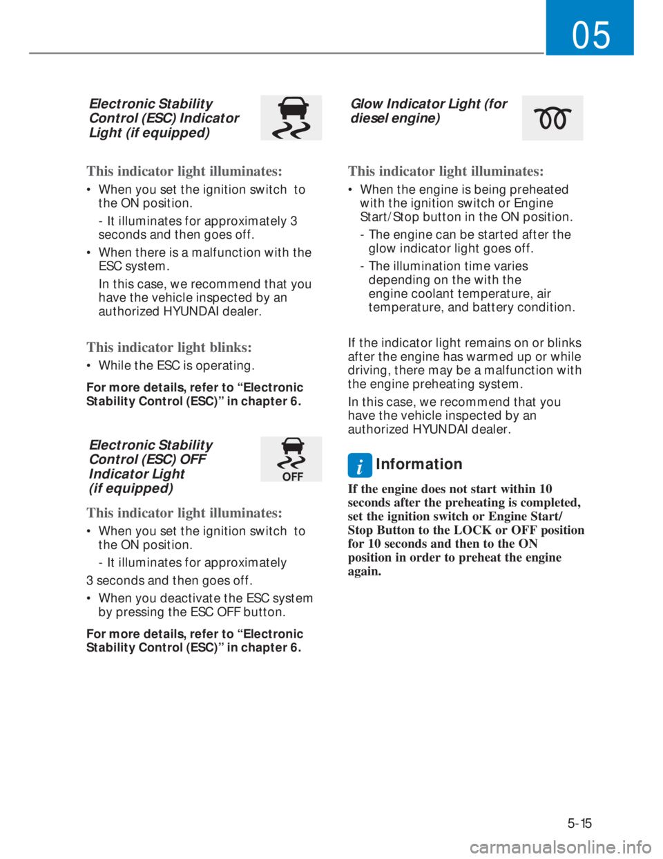 HYUNDAI I20 2021  Owners Manual 5-15
05
Electronic Stability 
Control (ESC) Indicator 
Light (if equipped)
This indicator light illuminates:
•  When you set the ignition switch  to 
the ON position.
  - It illuminates for approxim