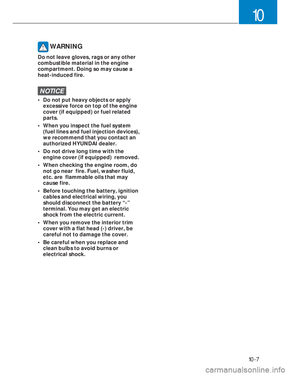 HYUNDAI I20 2021  Owners Manual 10-7
10
 WARNING
Do not leave gloves, rags or any other 
combustible material in the engine 
compartment. Doing so may cause a 
heat-induced fire.
NOTICE
•  Do not put heavy objects or apply 
excess