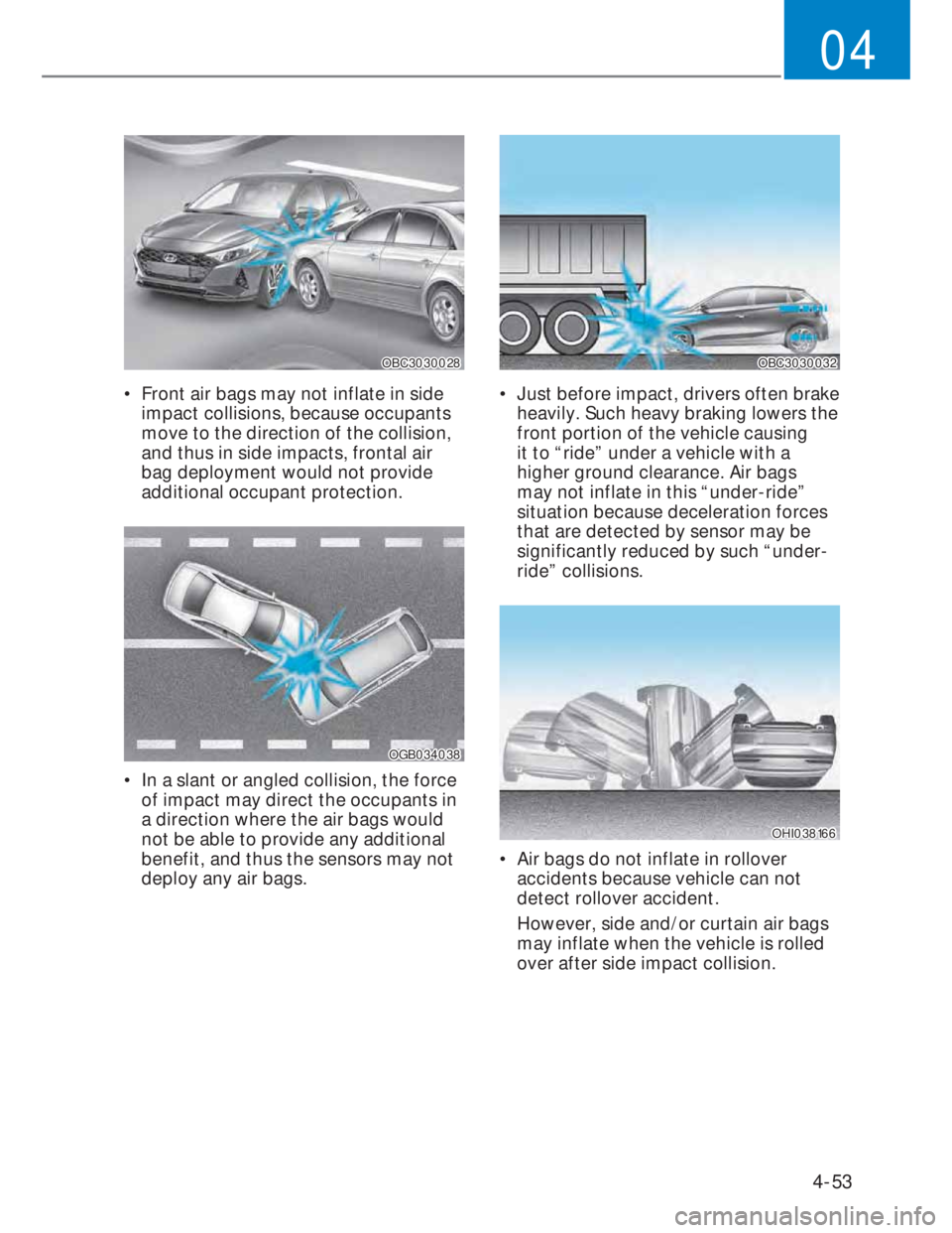 HYUNDAI I20 2021  Owners Manual 4-53
04
OBC3030028OBC3030028
•  Front air bags may not inflate in side 
impact collisions, because occupants 
move to the direction of the collision, 
and thus in side impacts, frontal air 
bag depl