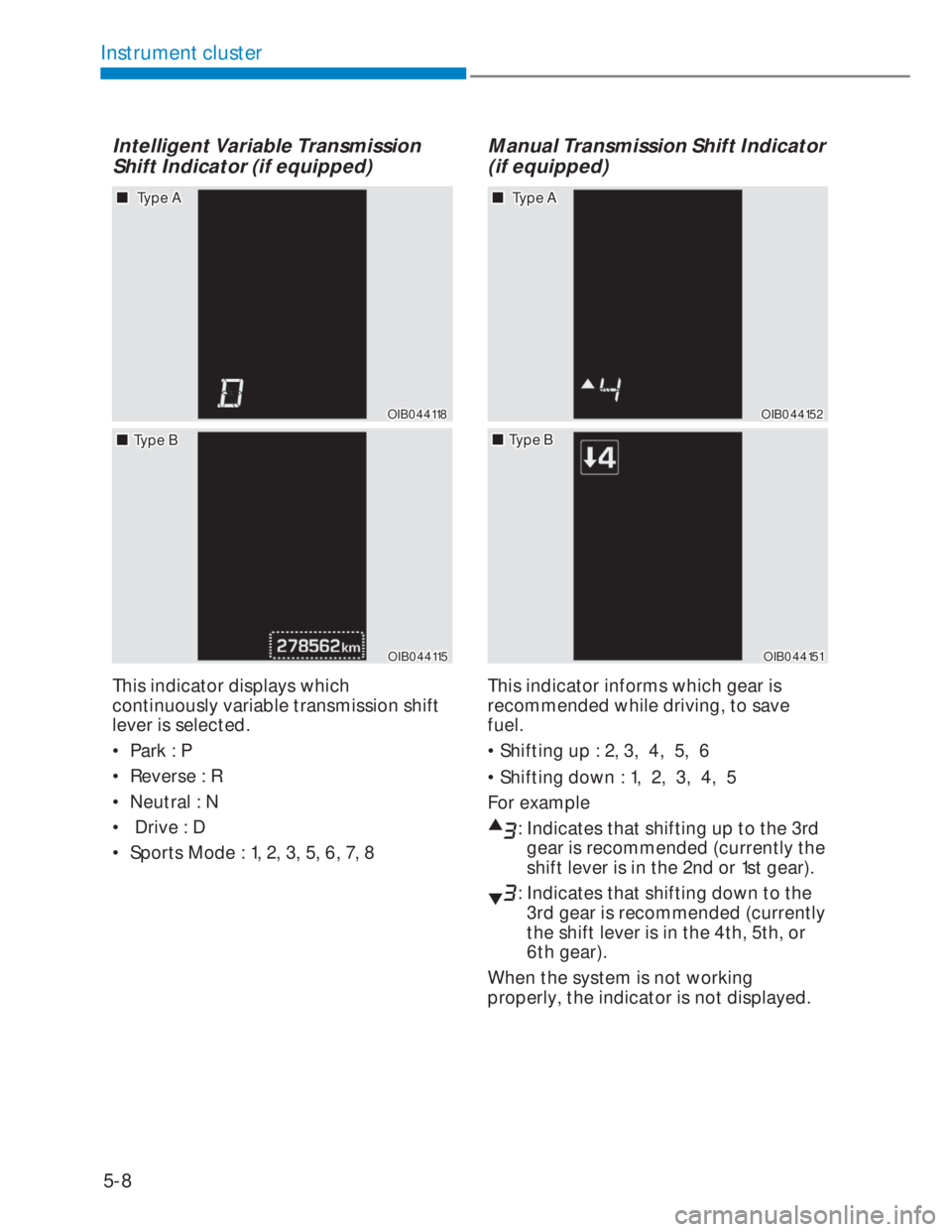 HYUNDAI I20 2021  Owners Manual 5-8
Instrument cluster
Intelligent Variable Transmission 
Shift Indicator (if equipped)
OIB044118OIB044118
���„�„ Type A Type A
OIB044115OIB044115
���„�„Type BType B
This indicator display