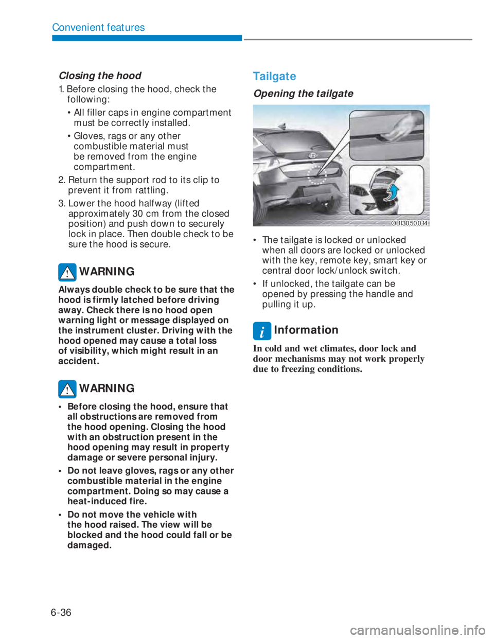 HYUNDAI I20 2020 User Guide 6-36
Convenient features
Closing the hood
1. Before closing the hood, check the
following:
• All filler caps in engine compartment
must be correctly installed.
• Gloves, rags or any othe HYUNDAI I20 2020 User Guide 6-36
Convenient features
Closing the hood
1. Before closing the hood, check the
following:
• All filler caps in engine compartment
must be correctly installed.
• Gloves, rags or any othe