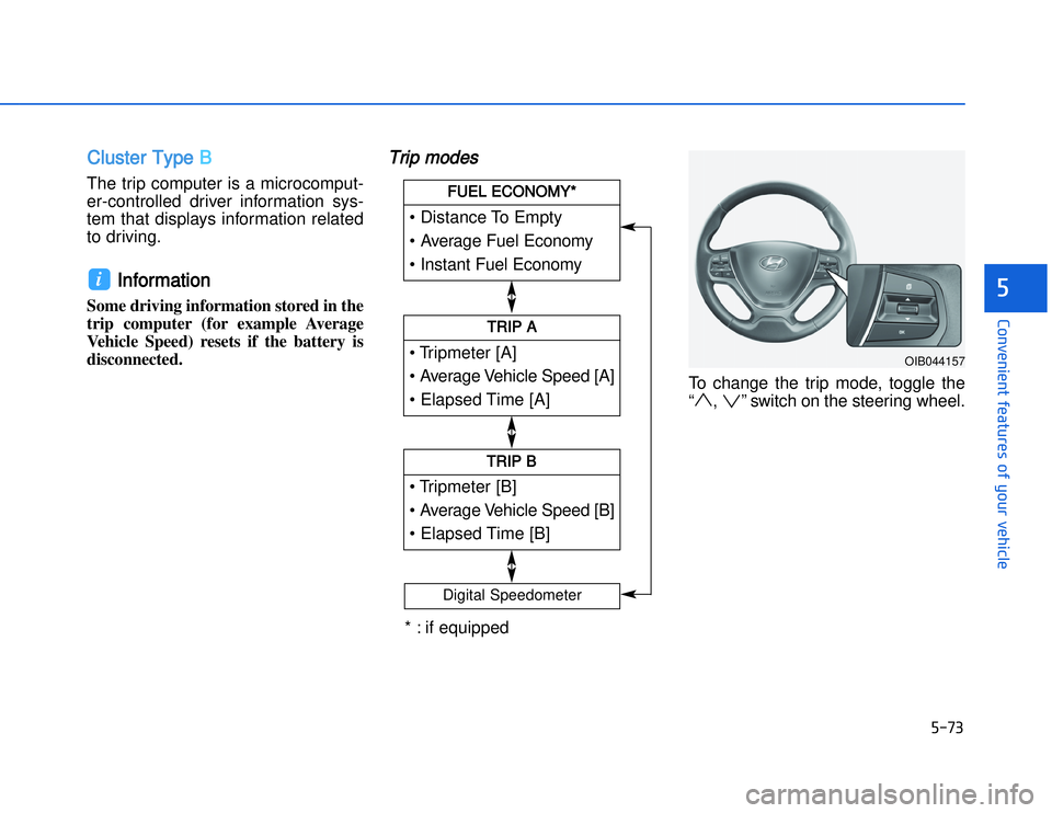 HYUNDAI I20 2018  Owners Manual �)���
�#�1�0�*�3�0�-�3�0�.�2�+�3�%�.�,�/�3�(�2�1�+�2�"�1�,�/�2�*�3�!�-�$�&�3�
CCluster Type B The trip computer is a microcomput-
er-controlled driver information sys-
tem that displays informatio