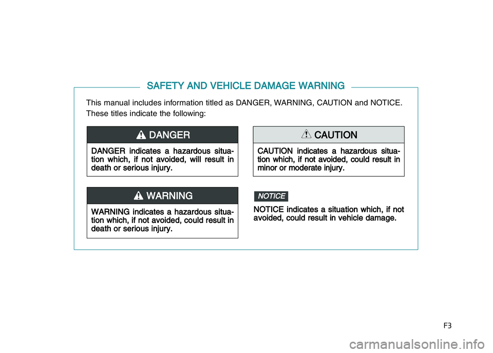 HYUNDAI I20 2018  Owners Manual ��
This manual includes information titled as DANGER, WARNING, CAUTION and NOTICE.
These titles indicate the following:  
SAFETY AND VEHICLE DAMAGE WARNING
DANGER  indicates  a  hazardous  situa-
ti