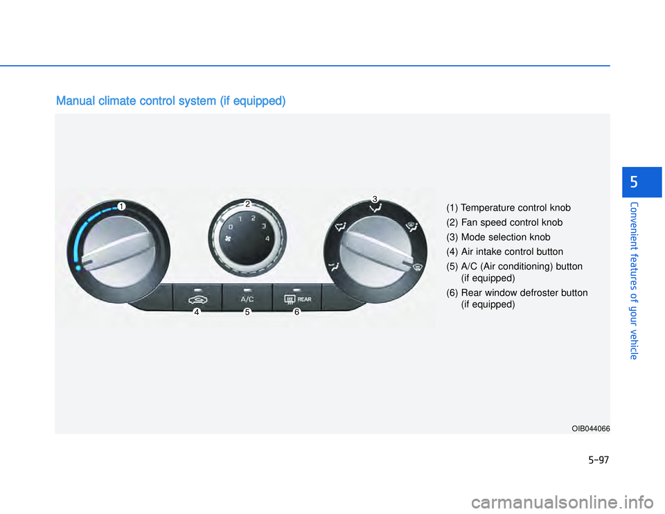 HYUNDAI I20 2017  Owners Manual �)���
�#�1�0�*�3�0�-�3�0�.�2�+�3�%�.�,�/�3�(�2�1�+�2�"�1�,�/�2�*�3�!�-�$�&�3�
(1) Temperature control knob
(2) Fan speed control knob
(3) Mode selection knob
(4) Air intake control button
(5) A/C 