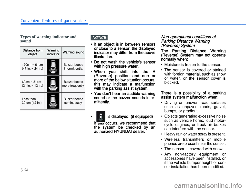 HYUNDAI I20 2014 User Guide �)����#�1�0�*�3�0�-�3�0�.�2�+�3�%�.�,�/�3�(�2�1�+�2�"�1�,�/�2�*�3�!�-�$�&�3Types of warning indicator and
sound
••If  an  object  is  in  between  sensors
or close to a sensor, the displayed
in