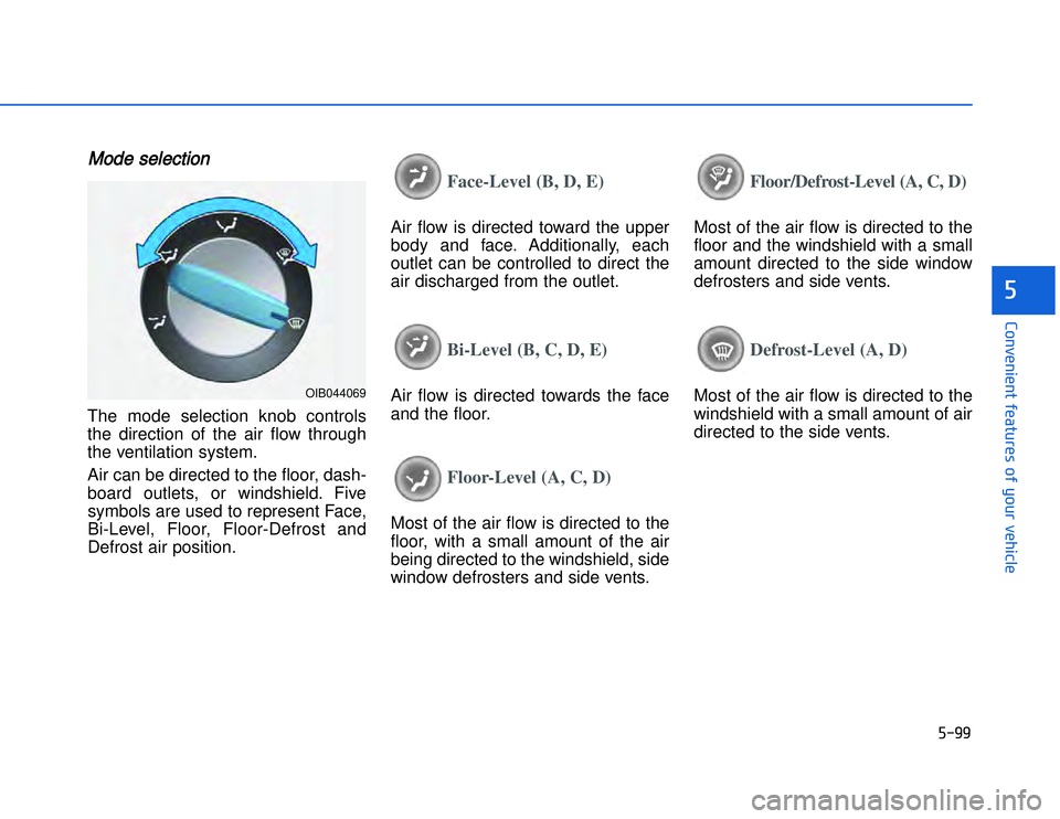 HYUNDAI I20 2014  Owners Manual �)���
�#�1�0�*�3�0�-�3�0�.�2�+�3�%�.�,�/�3�(�2�1�+�2�"�1�,�/�2�*�3�!�-�$�&�3�
MMode selectionThe mode selection knob controls
the direction of the air flow through
the ventilation system. 
Air can