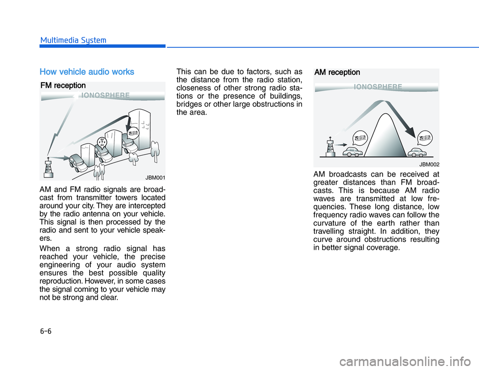 HYUNDAI I20 2014  Owners Manual �#��#��!���%�$�&��%��"��� ��&�$HHow vehicle audio worksAM and FM radio signals are broad-
cast from transmitter towers located
around your city. They are intercepted
by the radio antenna on y
