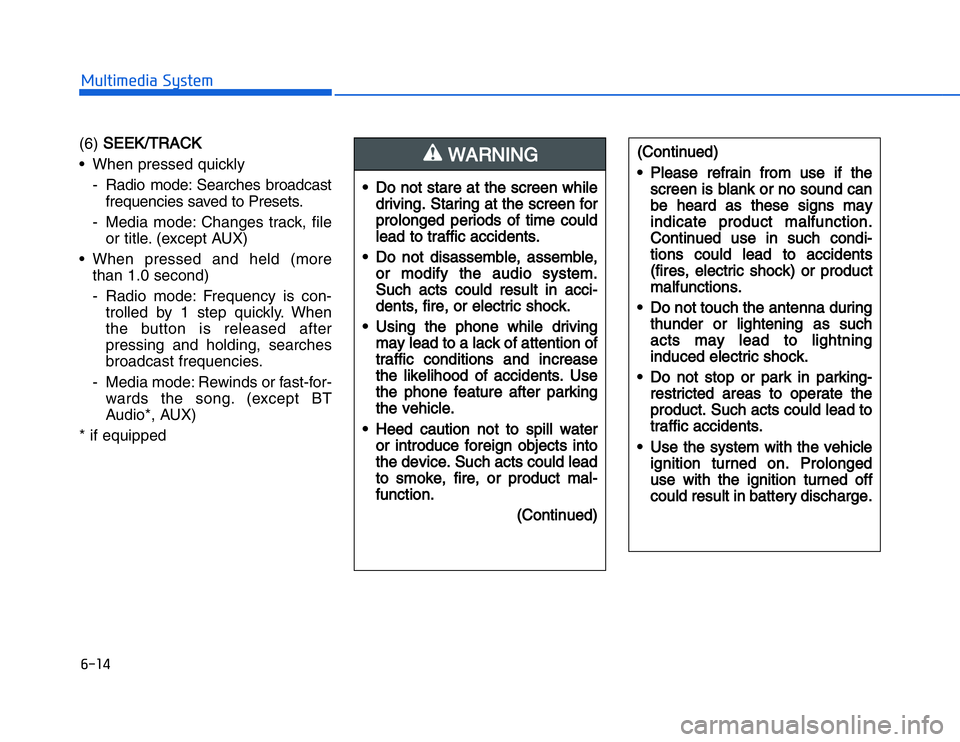 HYUNDAI I20 2014  Owners Manual �#�����!���%�$�&��%��"��� ��&�$
(6)  S
S
EEK/TRACK
• When pressed quickly
- Radio mode: Searches broadcastfrequencies saved to Presets.
- Media mode: Changes track, file or title. (except