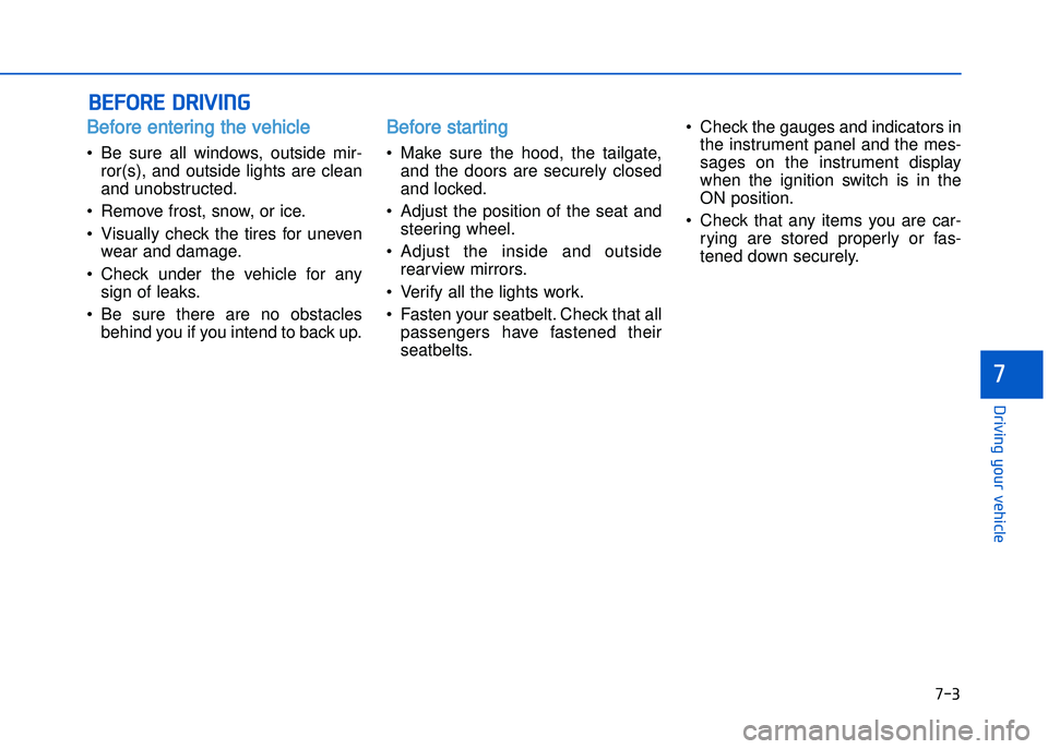 HYUNDAI I20 2014  Owners Manual Before entering the vehicle 
• Be  sure  all  windows\b  outside  mir�ror(s)\b  and  outside  lights  are  clean
and unobstructed.
• Remove frost\b snow\b or ice.
• Visually  check  the  tires  