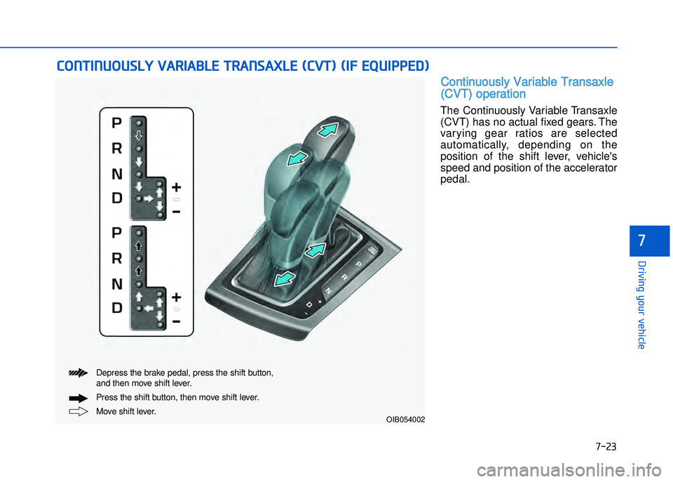 HYUNDAI I20 2014  Owners Manual Continuously Variable Transaxle
(CVT) operation
The  Continuously Variable Transaxle
(CVT) has no actual fixed gears. The
var ying  gear  ratios  are  selected
automatically\b  depending  on  the
posi