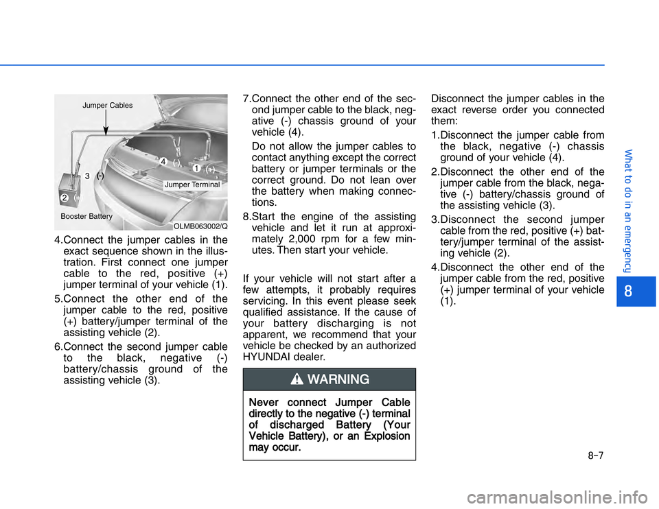 HYUNDAI I20 2014  Owners Manual 4.Connect the jumper cables in theexact sequence shown in the illus-
tration. First connect one jumper
cable to the red, positive (+)
jumper terminal of your vehicle (1).
5.Connect the other end of th