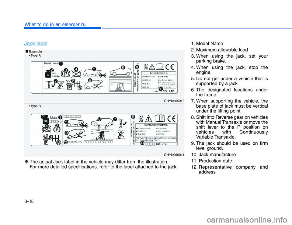 HYUNDAI I20 2014  Owners Manual �!������$�#��#�"���"�� �%��$�%��&��&���&�%��JJack label
1. Model Name
2. Maximum allowable load
3. When using the jack, set yourparking brake.
4. When using the jack, stop the engine.
