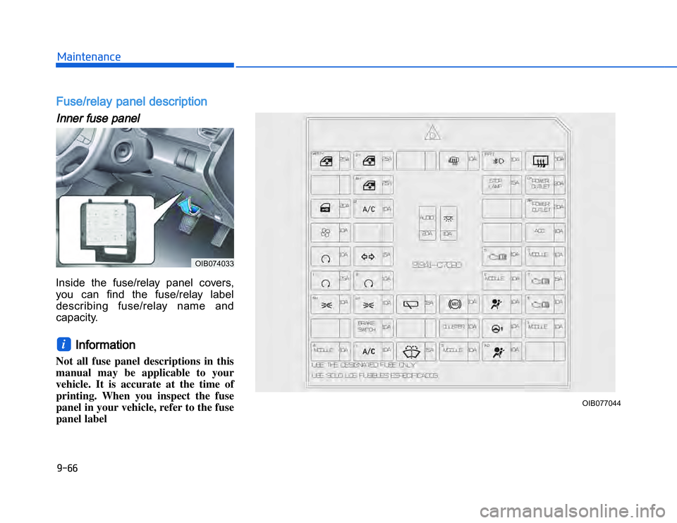 HYUNDAI I20 2014  Owners Manual �1�.�#�#�,�2�0�4�/�3�4�2�4�-�3FFuse/relay panel descriptionInner fuse panelInside  the  fuse/relay  panel  covers,
you  can  find  the  fuse/relay  label
describing  fuse/relay  name  and
capacity.  
