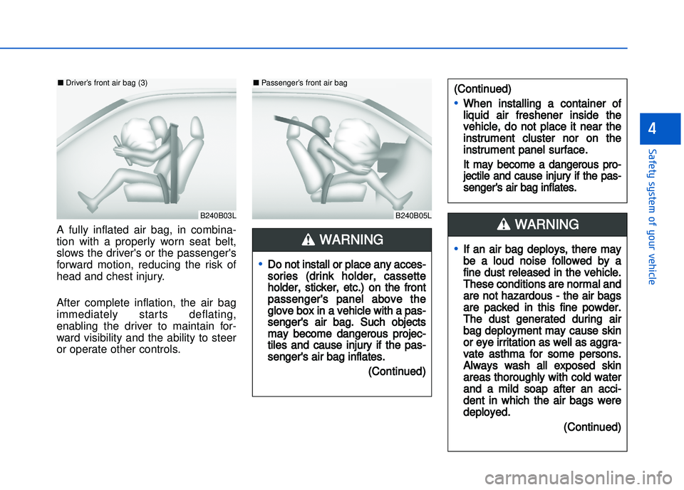 HYUNDAI I20 2014 Repair Manual ���"�&�t�%��s�%�s�t�&���!�"��%�!�����&�����&
�
A  fully  inflated  air  bag,  in  combina�
tion  with  a  properly  worn  seat  belt,
slows the drivers or the passengers
forward  moti