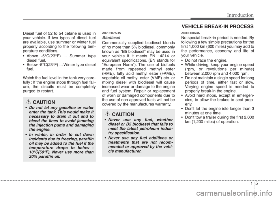 HYUNDAI I20 2013  Owners Manual 15
Introduction
Diesel fuel of 52 to 54 cetane is used in
your vehicle. If two types of diesel fuel
are available, use summer or winter fuel
properly according to the following tem-
perature condition