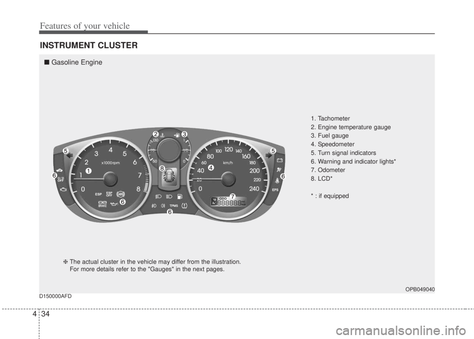 HYUNDAI I20 2013  Owners Manual Features of your vehicle
34 4
D150000AFD
INSTRUMENT CLUSTER
1. Tachometer 
2. Engine temperature gauge
3. Fuel gauge
4. Speedometer
5. Turn signal indicators
6. Warning and indicator lights*
7. Odomet