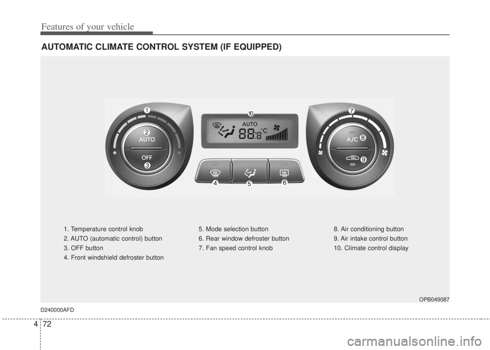 HYUNDAI I20 2013 Owners Manual Features of your vehicle
72 4
AUTOMATIC CLIMATE CONTROL SYSTEM (IF EQUIPPED)
1. Temperature control knob
2. AUTO (automatic control) button
3. OFF button
4. Front windshield defroster button5. Mode se HYUNDAI I20 2013 Owners Manual Features of your vehicle
72 4
AUTOMATIC CLIMATE CONTROL SYSTEM (IF EQUIPPED)
1. Temperature control knob
2. AUTO (automatic control) button
3. OFF button
4. Front windshield defroster button5. Mode se