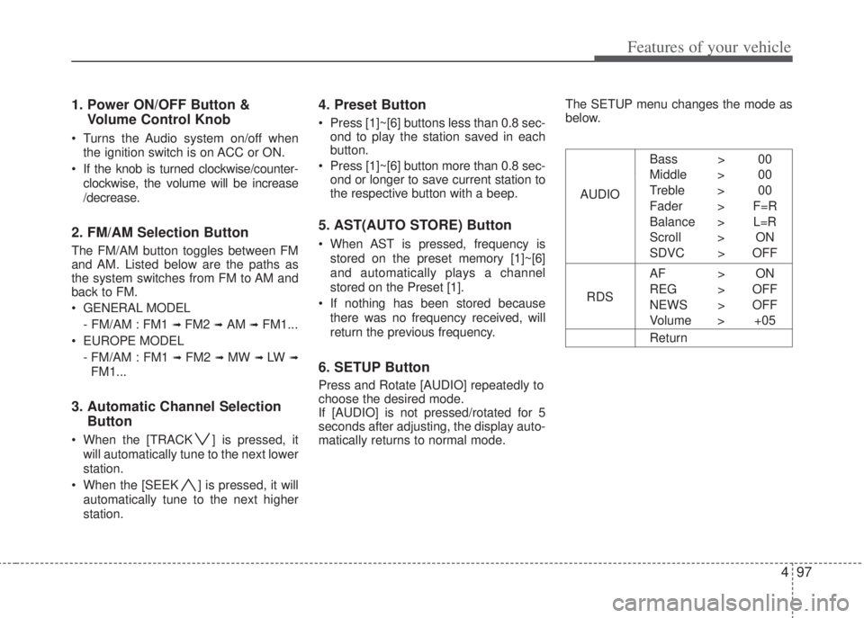 HYUNDAI I20 2013  Owners Manual 497
Features of your vehicle
1. Power ON/OFF Button &
Volume Control Knob
• Turns the Audio system on/off when
the ignition switch is on ACC or ON.
• If the knob is turned clockwise/counter-
clock