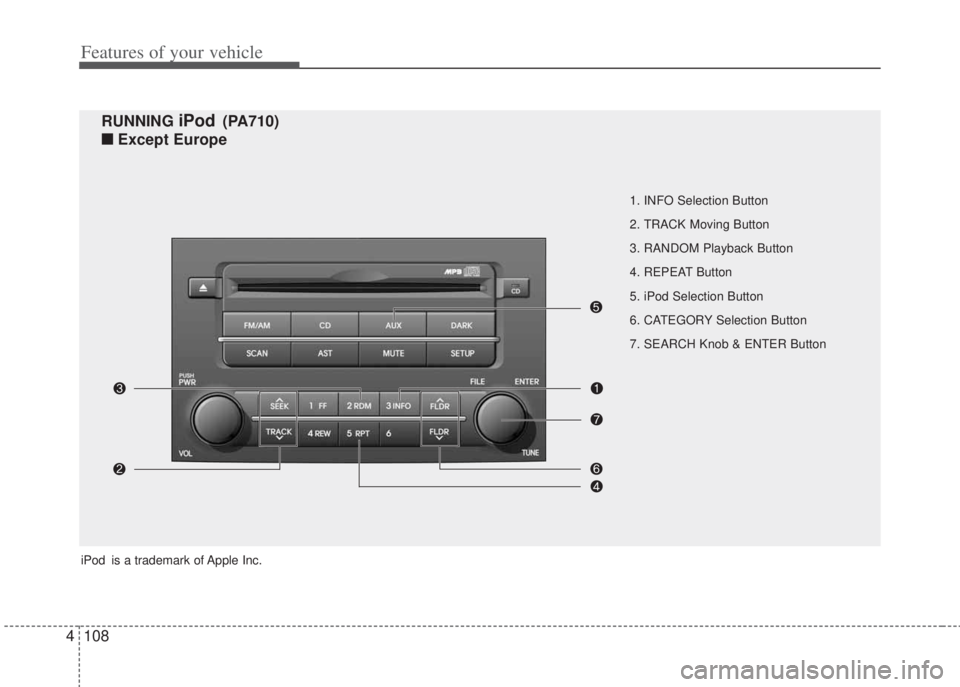 HYUNDAI I20 2013 Owners Manual Features of your vehicle
108 4
1. INFO Selection Button
2. TRACK Moving Button
3. RANDOM Playback Button
4. REPEAT Button
5. iPod Selection Button
6. CATEGORY Selection Button
7. SEARCH Knob & ENTER B HYUNDAI I20 2013 Owners Manual Features of your vehicle
108 4
1. INFO Selection Button
2. TRACK Moving Button
3. RANDOM Playback Button
4. REPEAT Button
5. iPod Selection Button
6. CATEGORY Selection Button
7. SEARCH Knob & ENTER B