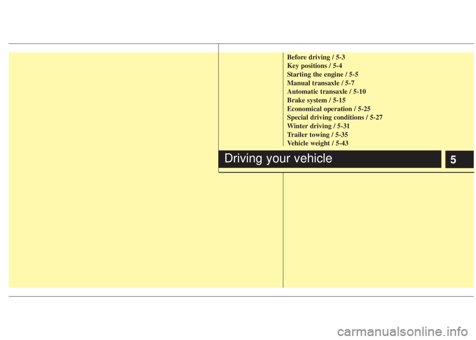 HYUNDAI I20 2013 Owners Manual 5
Before driving / 5-3
Key positions / 5-4
Starting the engine / 5-5
Manual transaxle / 5-7
Automatic transaxle / 5-10
Brake system / 5-15
Economical operation / 5-25
Special driving conditions / 5-27 HYUNDAI I20 2013 Owners Manual 5
Before driving / 5-3
Key positions / 5-4
Starting the engine / 5-5
Manual transaxle / 5-7
Automatic transaxle / 5-10
Brake system / 5-15
Economical operation / 5-25
Special driving conditions / 5-27