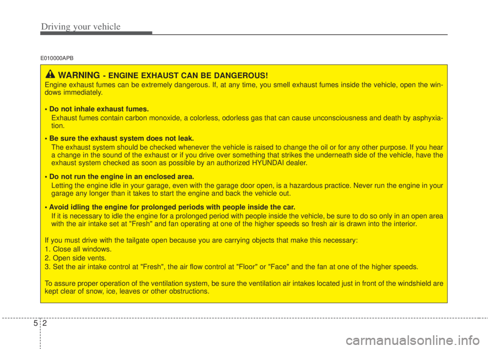 HYUNDAI I20 2013 Owners Manual Driving your vehicle
2 5
E010000APB
WARNING- ENGINE EXHAUST CAN BE DANGEROUS!
Engine exhaust fumes can be extremely dangerous. If, at any time, you smell exhaust fumes inside the vehicle, open the win HYUNDAI I20 2013 Owners Manual Driving your vehicle
2 5
E010000APB
WARNING- ENGINE EXHAUST CAN BE DANGEROUS!
Engine exhaust fumes can be extremely dangerous. If, at any time, you smell exhaust fumes inside the vehicle, open the win