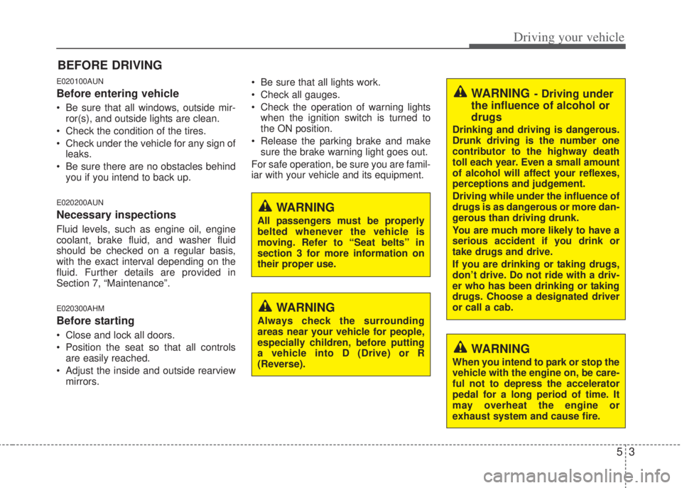 HYUNDAI I20 2013 Owners Manual 53
Driving your vehicle
E020100AUN
Before entering vehicle
• Be sure that all windows, outside mir-
ror(s), and outside lights are clean.
• Check the condition of the tires.
• Check under the ve HYUNDAI I20 2013 Owners Manual 53
Driving your vehicle
E020100AUN
Before entering vehicle
• Be sure that all windows, outside mir-
ror(s), and outside lights are clean.
• Check the condition of the tires.
• Check under the ve