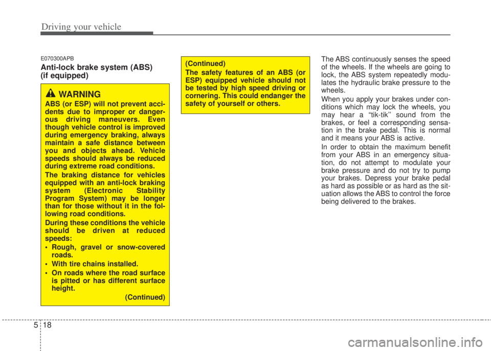 HYUNDAI I20 2013  Owners Manual Driving your vehicle
18 5
E070300APB
Anti-lock brake system (ABS) 
(if equipped)
The ABS continuously senses the speed
of the wheels. If the wheels are going to
lock, the ABS system repeatedly modu-
l