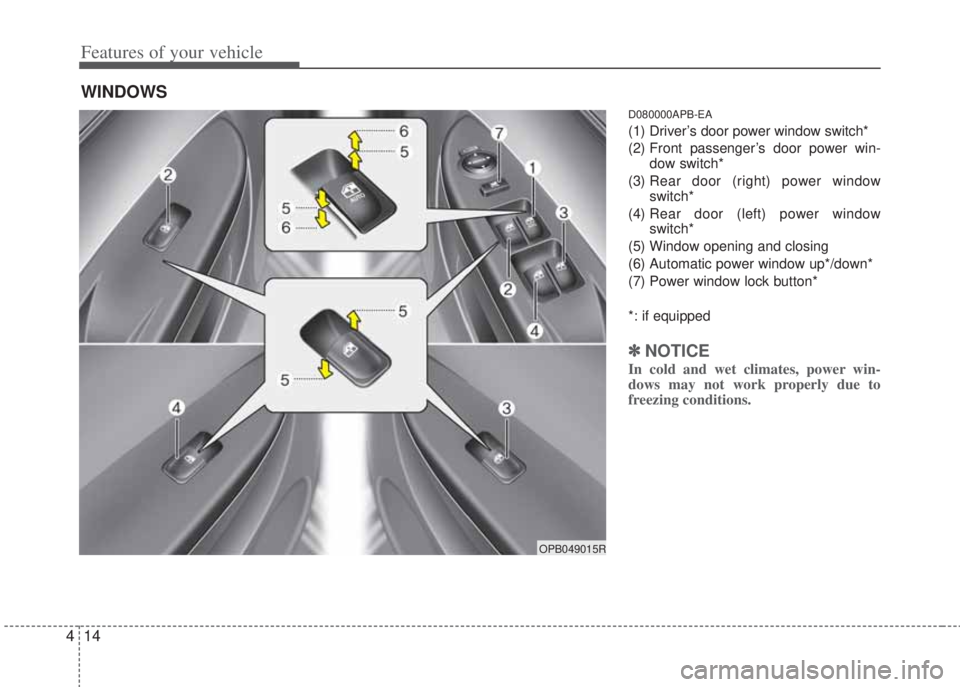 HYUNDAI I20 2013  Owners Manual Features of your vehicle
14 4
D080000APB-EA
(1) Driver’s door power window switch*
(2) Front passenger’s door power win-
dow switch*
(3) Rear door (right) power window
switch*
(4) Rear door (left)