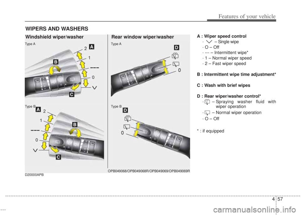 HYUNDAI I20 2012  Owners Manual 457
Features of your vehicle
D20000APB
A : Wiper speed control
· 
– Single wipe
· O – Off
· --- – Intermittent wipe*
· 1 – Normal wiper speed
· 2 – Fast wiper speed
B : Intermittent wip