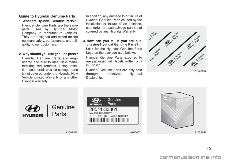 HYUNDAI I20 2012 Owners Manual F5 Guide to Hyundai Genuine Parts
1. What are Hyundai Genuine Parts?
Hyundai Genuine Parts are the same
parts used by Hyundai Motor
Company to manufacture vehicles.
They are designed and tested for th HYUNDAI I20 2012 Owners Manual F5 Guide to Hyundai Genuine Parts
1. What are Hyundai Genuine Parts?
Hyundai Genuine Parts are the same
parts used by Hyundai Motor
Company to manufacture vehicles.
They are designed and tested for th