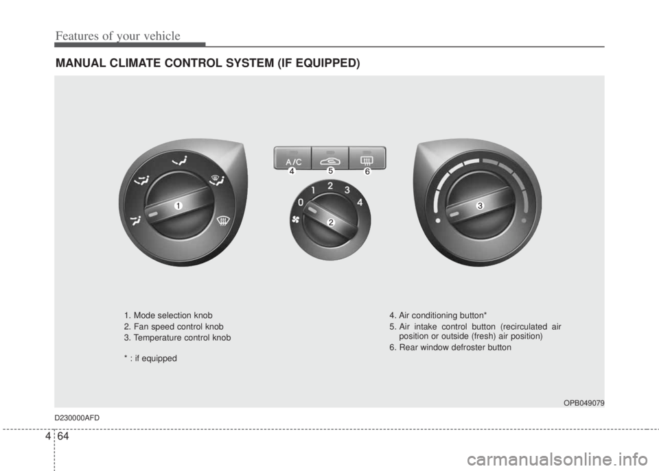 HYUNDAI I20 2010 Owners Manual Features of your vehicle
64 4
MANUAL CLIMATE CONTROL SYSTEM (IF EQUIPPED)
OPB049079
D230000AFD
1. Mode selection knob
2. Fan speed control knob
3. Temperature control knob
* : if equipped4. Air condit HYUNDAI I20 2010 Owners Manual Features of your vehicle
64 4
MANUAL CLIMATE CONTROL SYSTEM (IF EQUIPPED)
OPB049079
D230000AFD
1. Mode selection knob
2. Fan speed control knob
3. Temperature control knob
* : if equipped4. Air condit